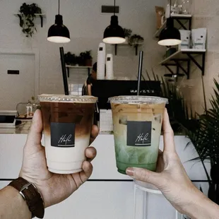 Matcha latte and Oatmilk latte