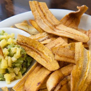 Cuban Guacamole  -- guacamole  with pineapple  and plantain chips.