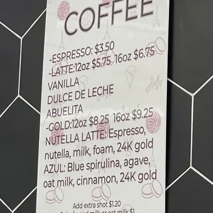 Coffee drinks menu 7/2023