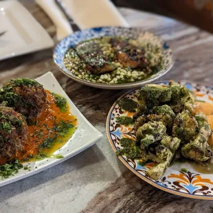 Beef &amp; Chorizo Meatballs, Charred Cauliflower, and Honey-Rum Glazed Pork Belly