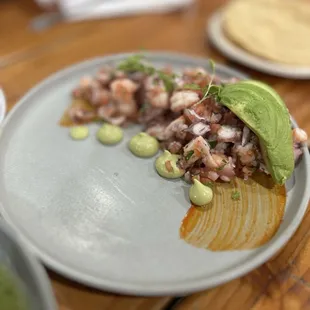 Ceviche Mixto: yucatan octopus, wild mexican shrimp &amp; baja striped bass ceviche served w/tostadas | $20