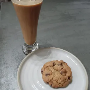 Pistachio shakerato---seasonal drink ($6) and chocolate chip cookie ($1.75)