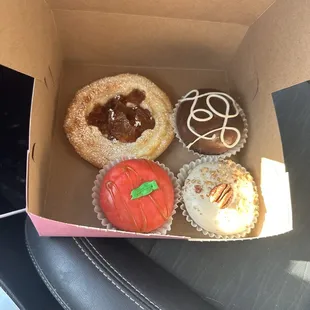 (R -- L) Apple &amp; Cream Danish, Chocolate Spencer Cake, Caramel Apple Spencer Cake, Pecan Spencer Cake