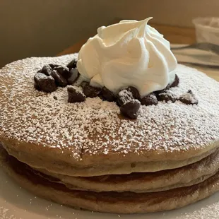 Chocolate pancakes off the regular menu. The kids version is smaller and our kids wanted &quot;big pancakes&quot;