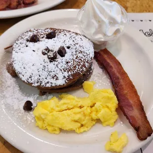 Half order of kid&apos;s Chocolate Pancakes. (We split it onto two plates.)