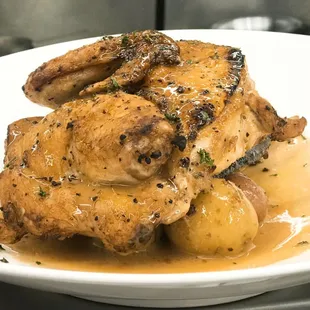 Pan Roasted Chicken: herb and spice brined, roasted fingerlings, baby field carrots and pan gravy!