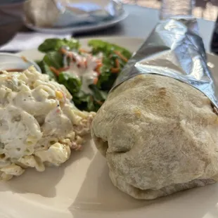 Burrito with macaroni salad