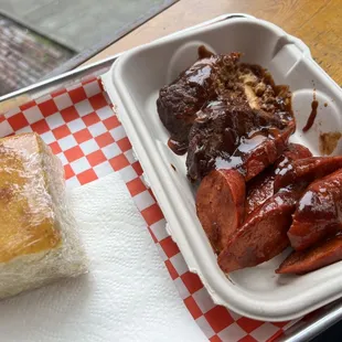 Hot link sausage and smoked meatloaf, with cornbread