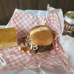 Half pulled pork and brisket lip stick sandwich with corn bread Mug moment