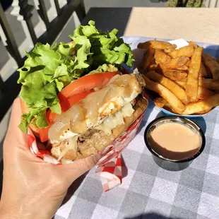 California Burger with fries (the order also comes with a drink, not shown in this picture)