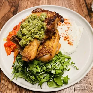 Chicken, Peperonata, Green Harissa, Labne, Arugula Salad