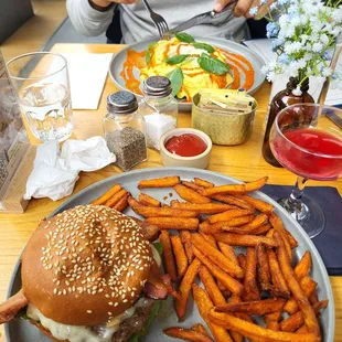 Burger and omelet