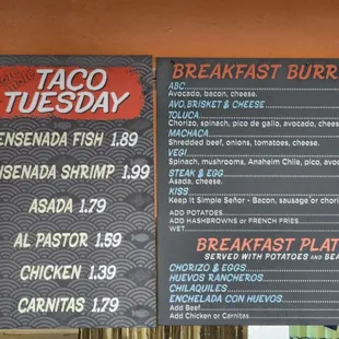 Taco Tuesday menu as of 6-22-24