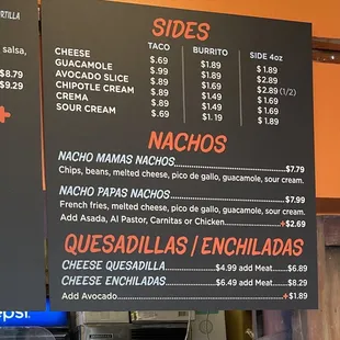 Sides / Nachos / Quesadillas + Enchiladas - MENU