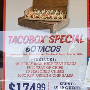 a taco box special sign