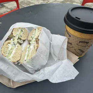 Bagel with cream cheese and cucumbers