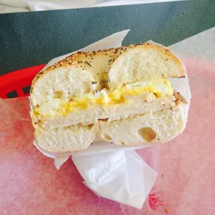 Turkey, egg and cheese on an everything bagel. Very moist