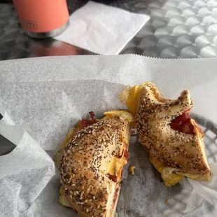Bacon egg and cheese on an everything bagel.