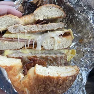 Holey Moley - 3 meats egg and pepper jack on Asiago.