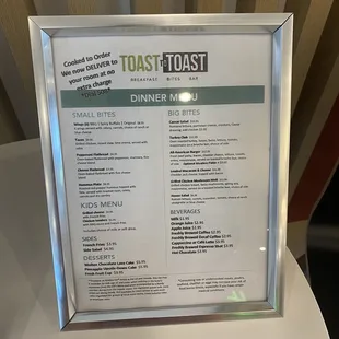 Toast To Toast Dinner Menu
