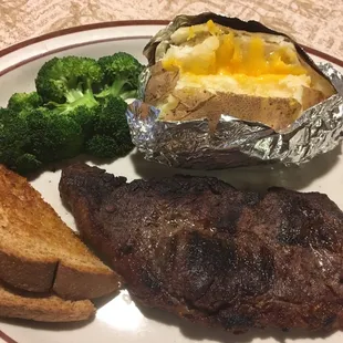 8oz NY Strip Steak with broccoli &amp; baked potato.