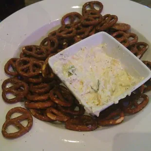 Yummy beer and cheese dip with pretzels