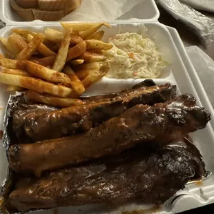 ribs, french fries and coleslaw