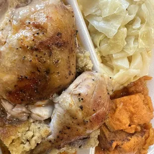 Thursday Baked Chicken and Dressing with yams and cabbage