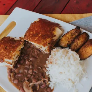 Chicken Burrito Plate with Cuban Stew, rice, and sweet plantains