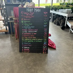 Plant menu and Prices