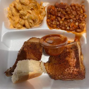 One meat with two sides. Chicken with beans and Mac n cheese