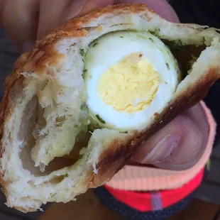 How interesting, pesto egg croissant has one whole boiled egg in it!