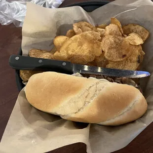 Philly cheesesteak with homemade chips