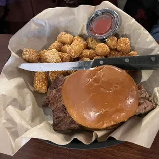 Ribeye sandwich with tots ... get the tots they're so crispy