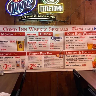 the menu and prices