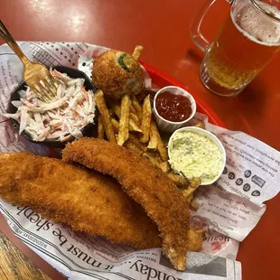 Fish and chips with hush puppies and fresh cut fries(never frozen)