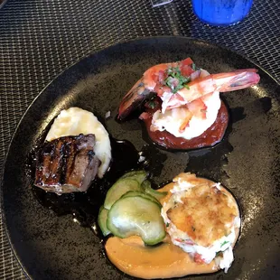 Final Cut sample platter - Alaskan king crab cake, USDA Prime rib eye with mashed potato's, shrimp cocktail with pico de Gallo