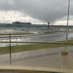View from the upstairs dining room over the track on a rainy day