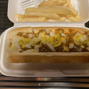 Coney Dog with mustard and onions and french fries