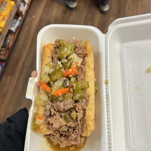 Italian Beef, dipped + hot peppers