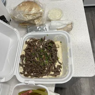 Hummus with Meat Salad,  Chicken Shawarma, extra Pita Chips