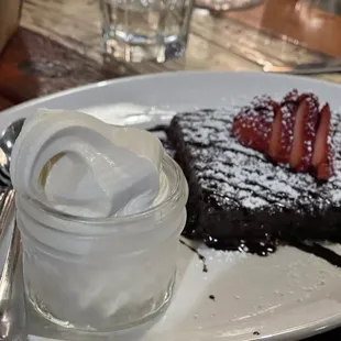 Flourless brownie with soft serve ice cream