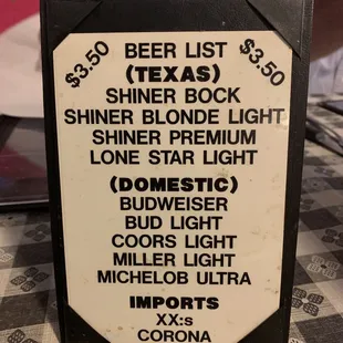 Beer menu