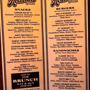 Menu, burgers, bar fare