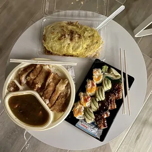 Chicken katsu curry, omelette rice, rainbow roll
