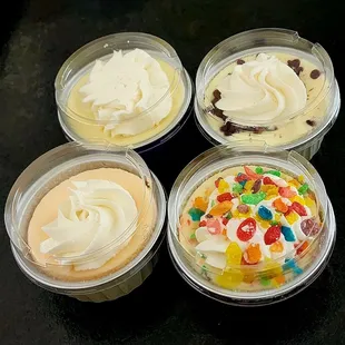 Peach margarita, chocolate chip, blackberry, and fruity pebbles cheesecake