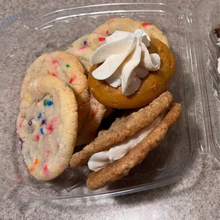 Funfetti Cookies, oatmeal sandwich cookies, and a pumpkin spice cake bite. All were delicious!