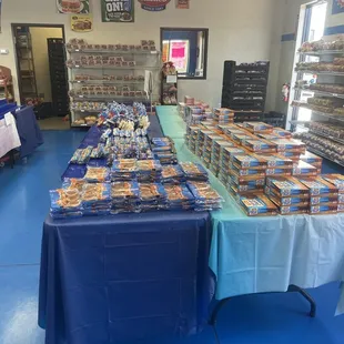 a long table full of food