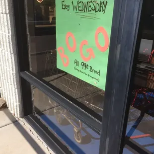 a sign in the window