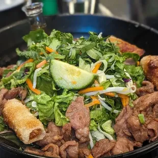 Garlic Noodles with Five Spiced Pork and Imperial Rolls